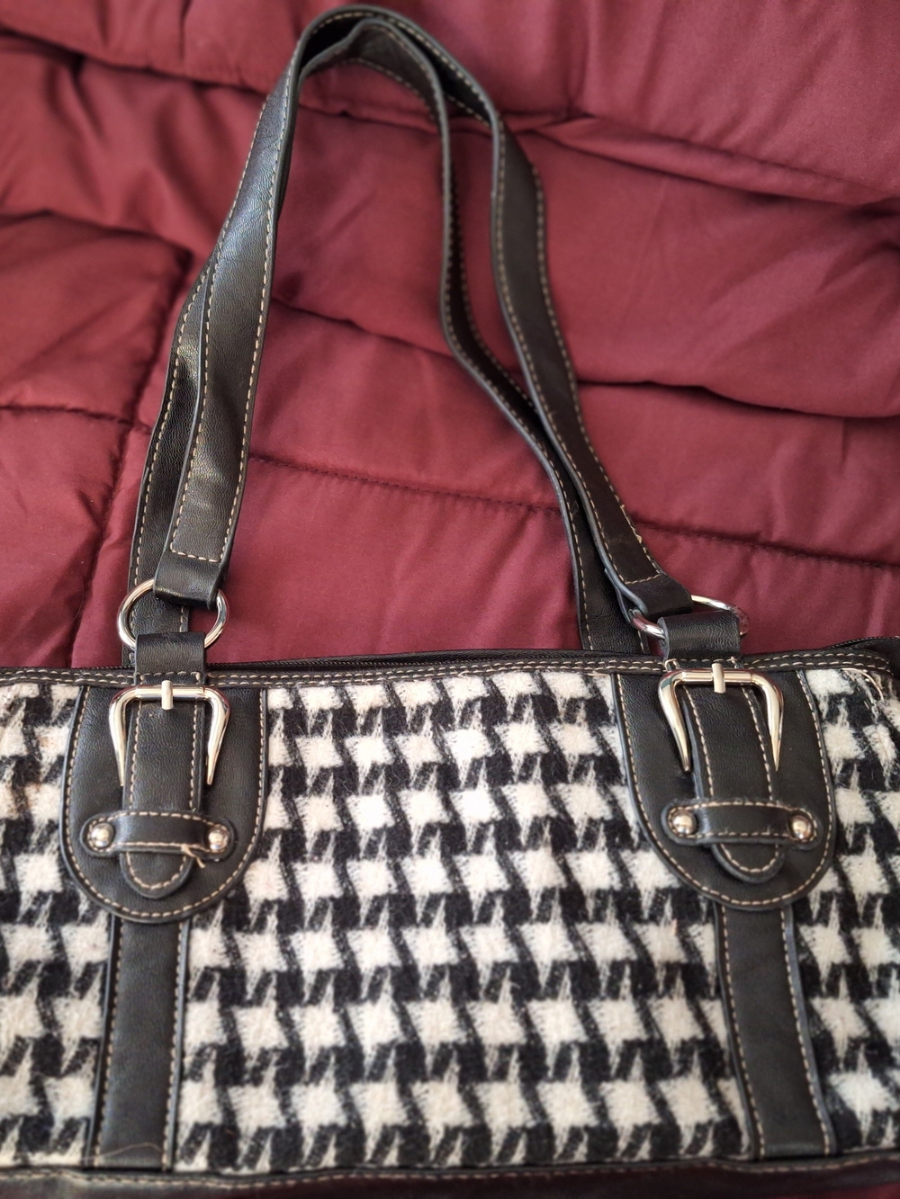 Black & White Houndstooth Tote Bag with Leather Trim